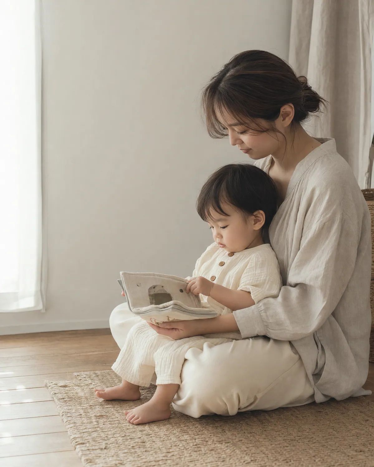 窓辺で絵本を読む親子